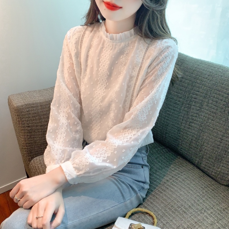 Bottoming lace tops round neck chiffon shirt for women