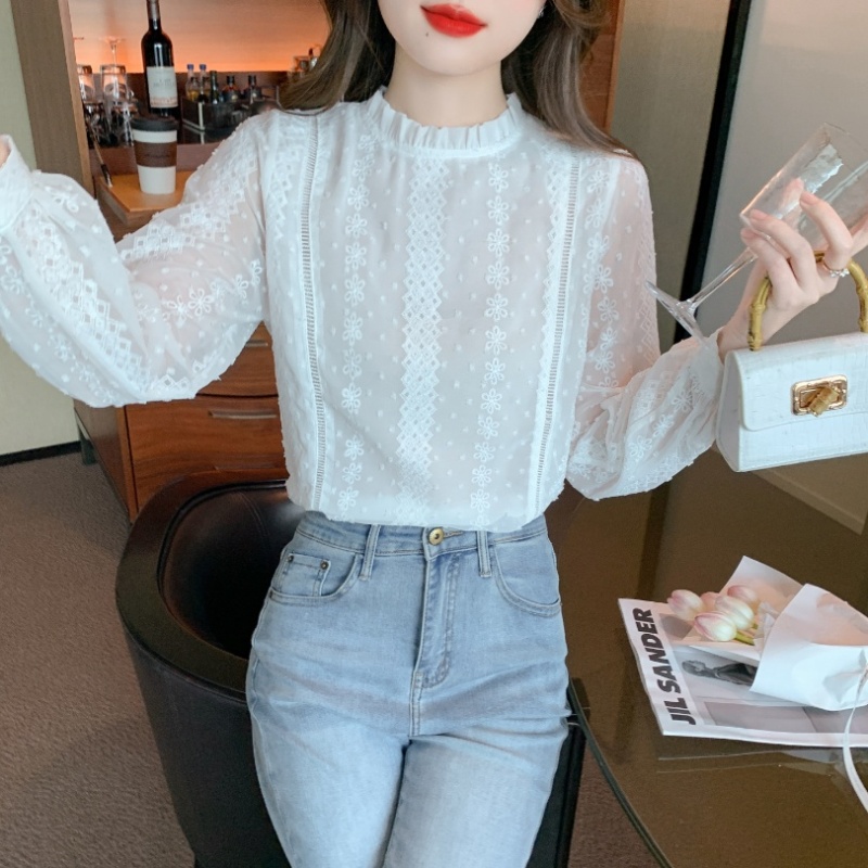 Bottoming lace tops round neck chiffon shirt for women