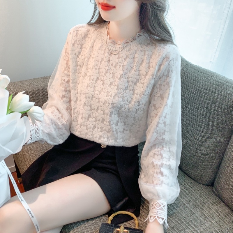 Lace simple tops puff sleeve long sleeve shirts for women