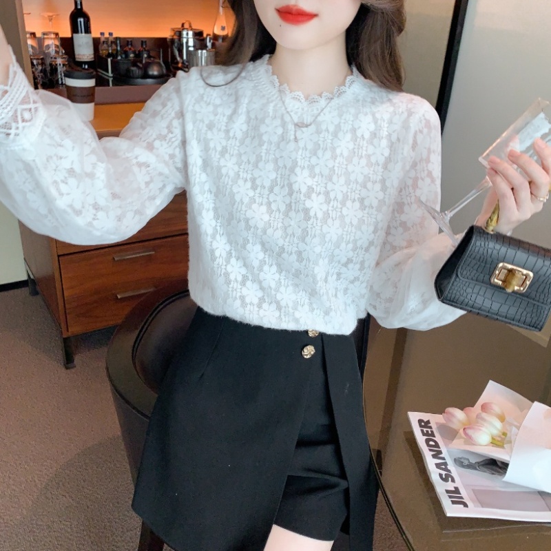 Lace simple tops puff sleeve long sleeve shirts for women