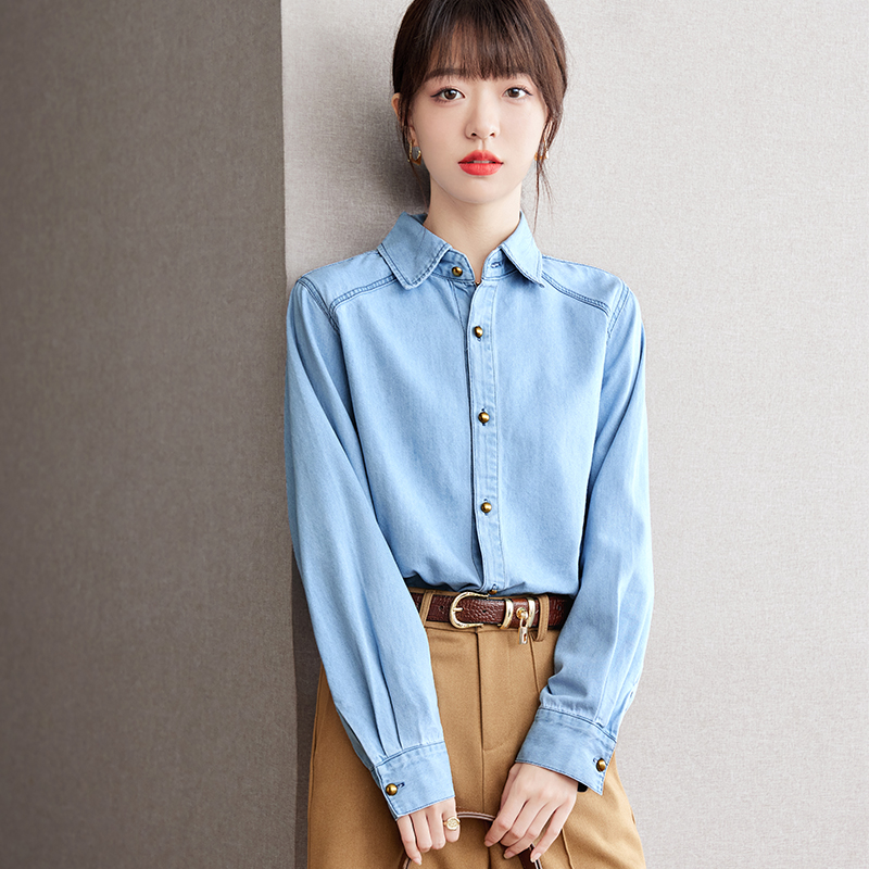 Blue denim all-match coat long sleeve loose shirt for women