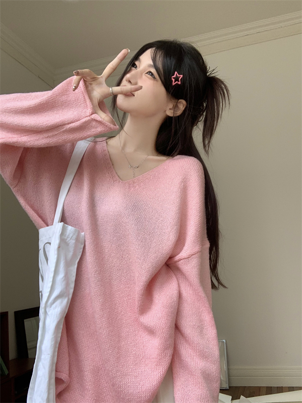 Slim Korean style loose tops knitted V-neck smock