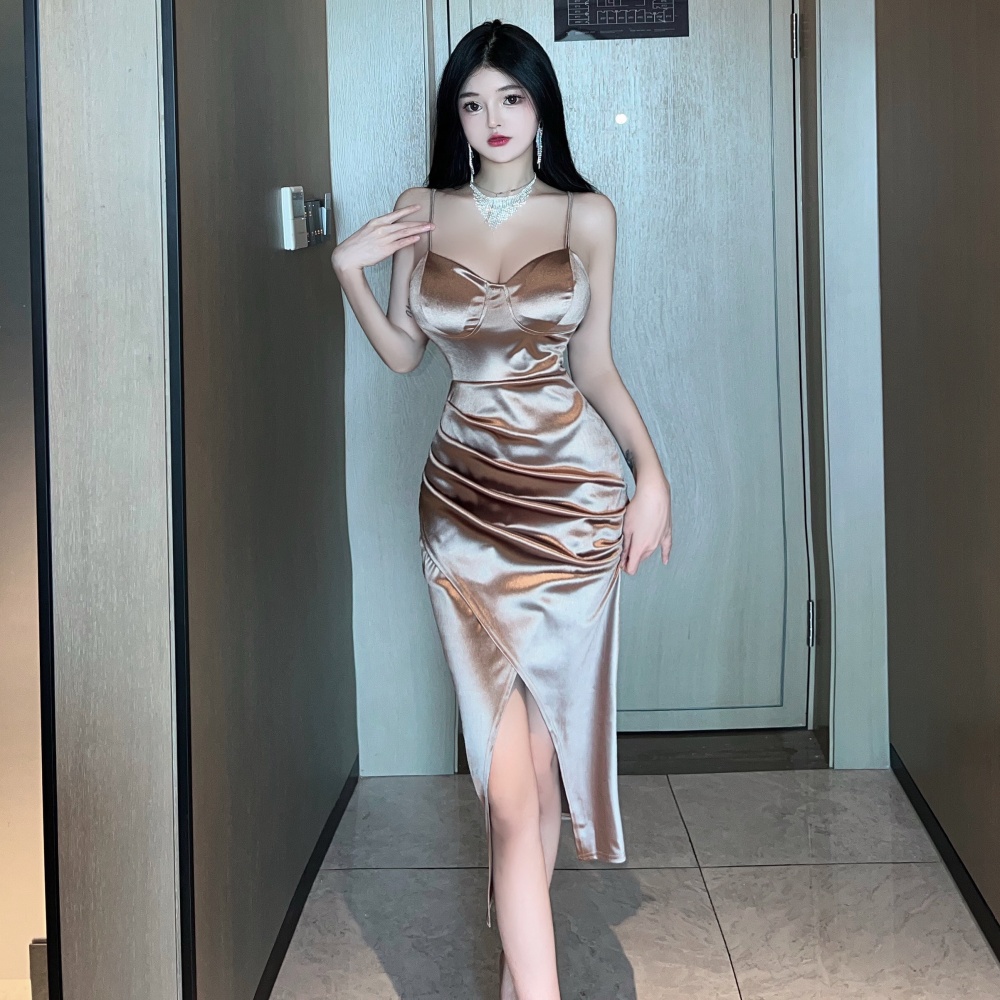 Long high slit sling dress satin tight package hip formal dress