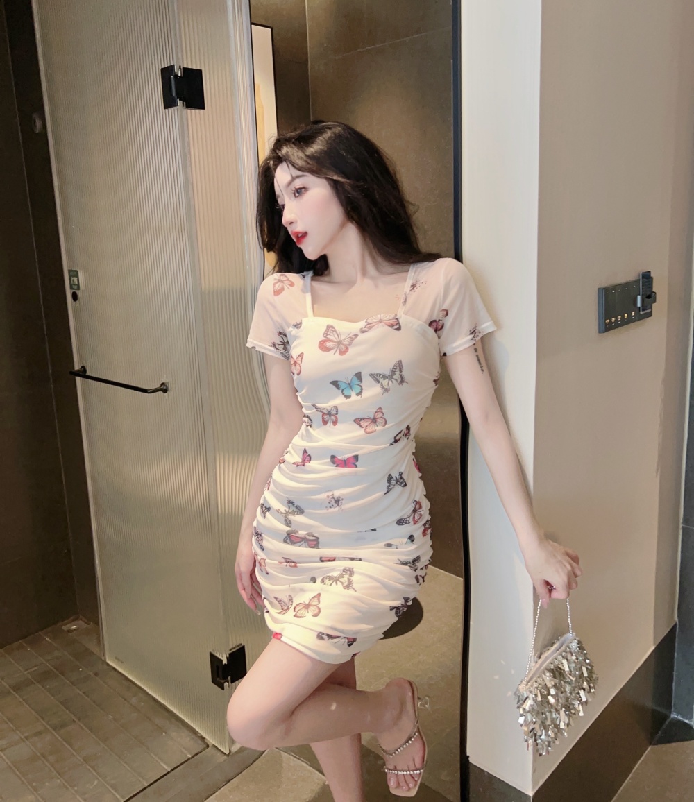Short sleeve package hip gauze printing sexy dress