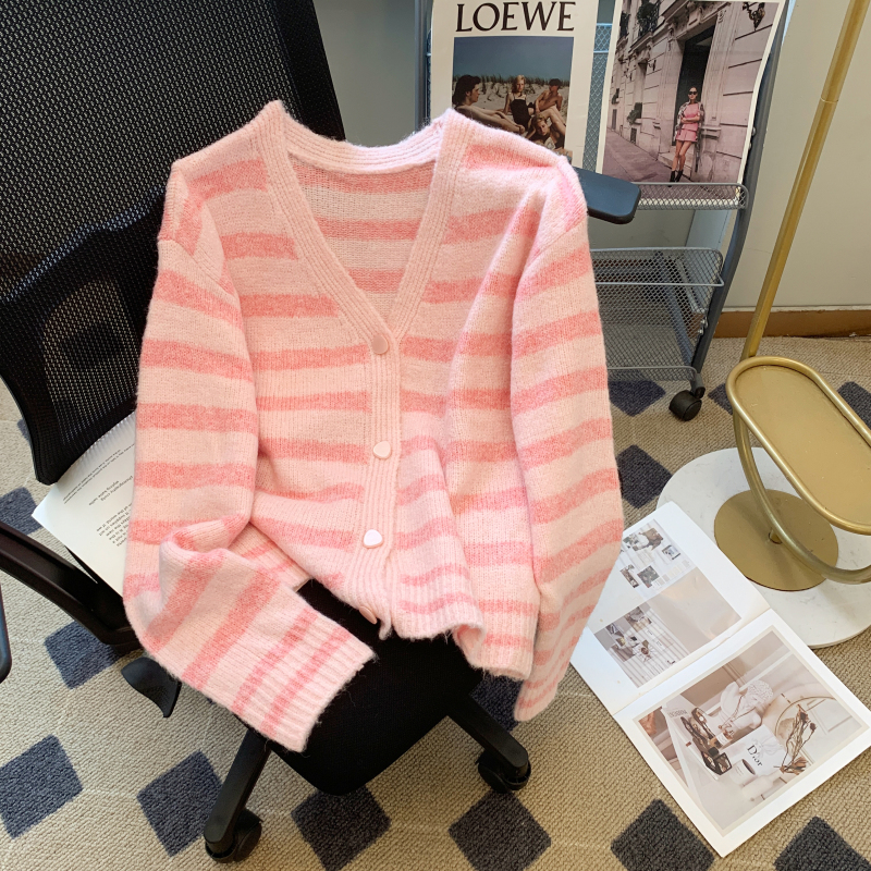 Knitted V-neck cardigan stripe autumn coat