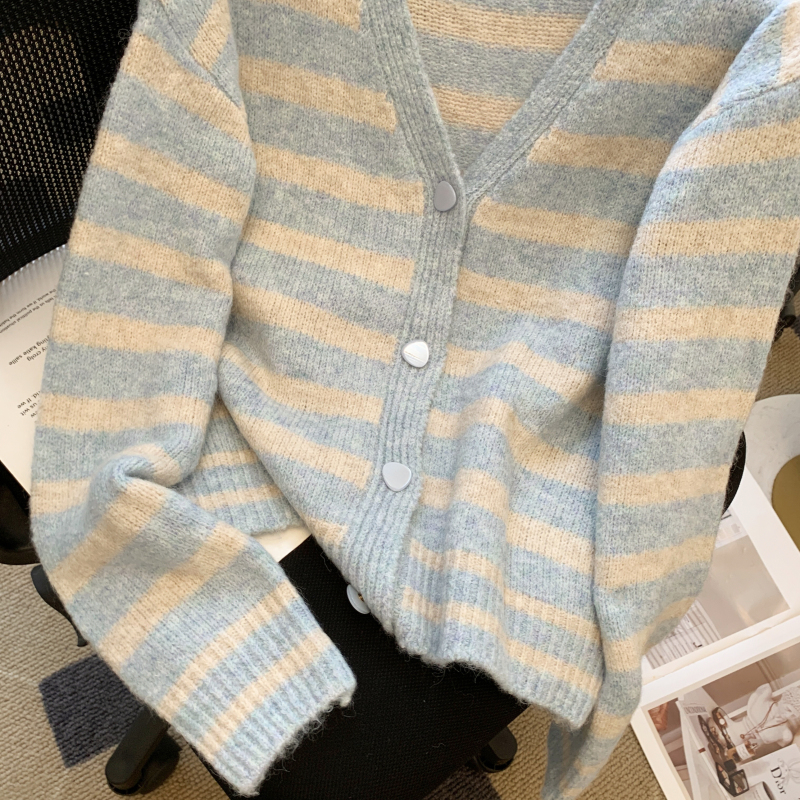 Knitted V-neck cardigan stripe autumn coat