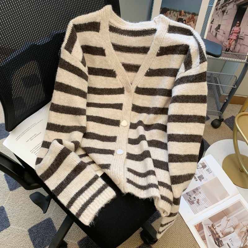 Knitted V-neck cardigan stripe autumn coat