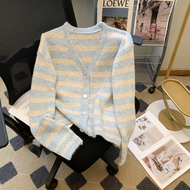 Knitted V-neck cardigan stripe autumn coat