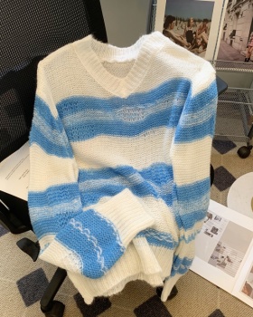 Spring and autumn stripe thin V-neck mohair sweater for women
