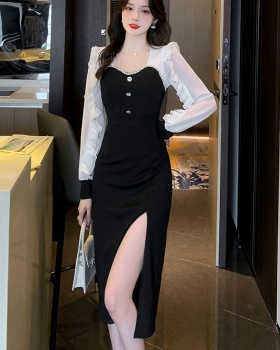 Pseudo-two dress high waist long dress for women