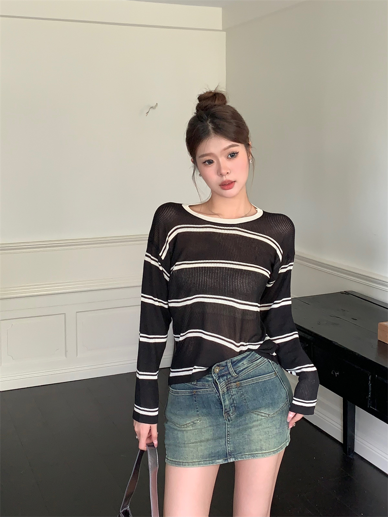 Autumn loose mixed colors stripe Korean style lazy tops
