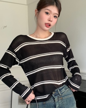 Autumn loose mixed colors stripe Korean style lazy tops