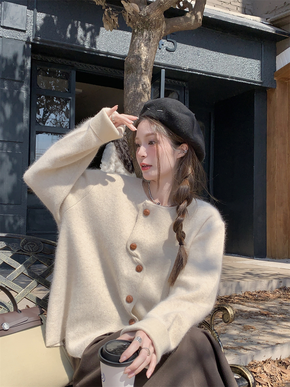 Lazy thick knitted coat retro irregular cardigan for women