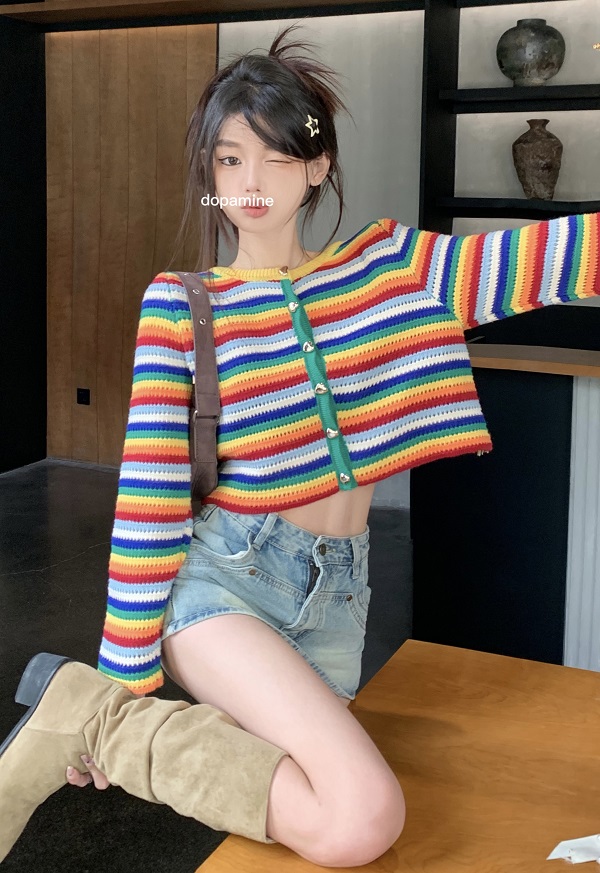 Rainbow long sleeve cardigan knitted coat for women