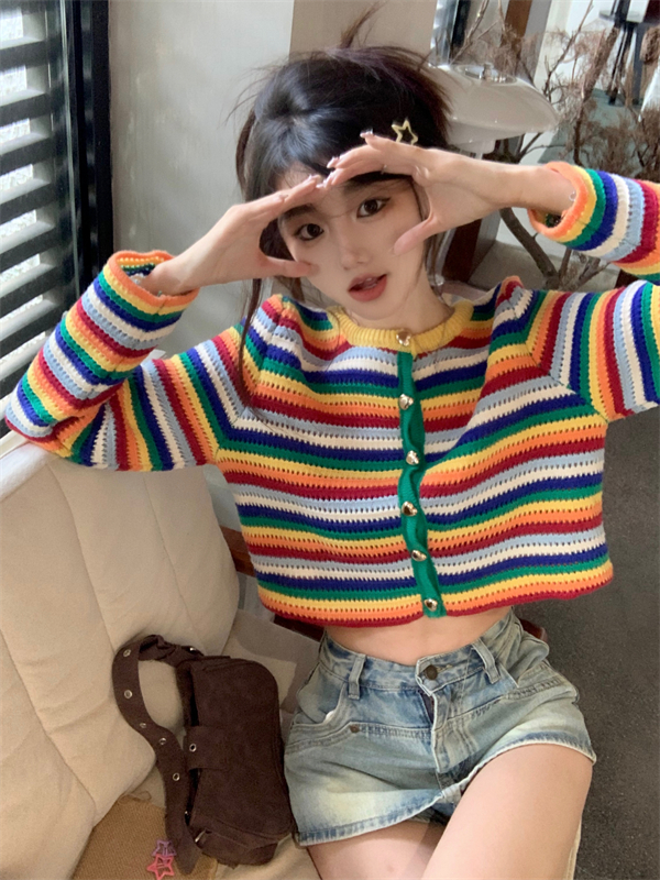 Rainbow long sleeve cardigan knitted coat for women