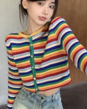 Rainbow long sleeve cardigan knitted coat for women