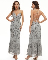 V-neck sequins formal dress light luxury evening dress