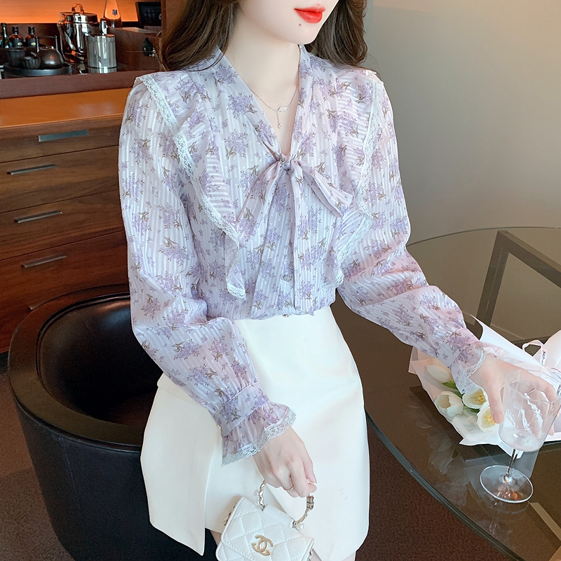 Purple bow chiffon shirt floral shirt for women