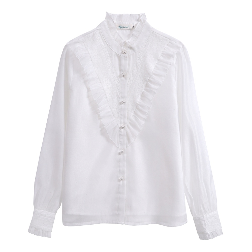 White long sleeve autumn organza wood ear shirt for women