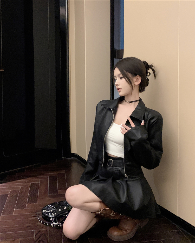Lapel short coat Korean style spicegirl leather coat
