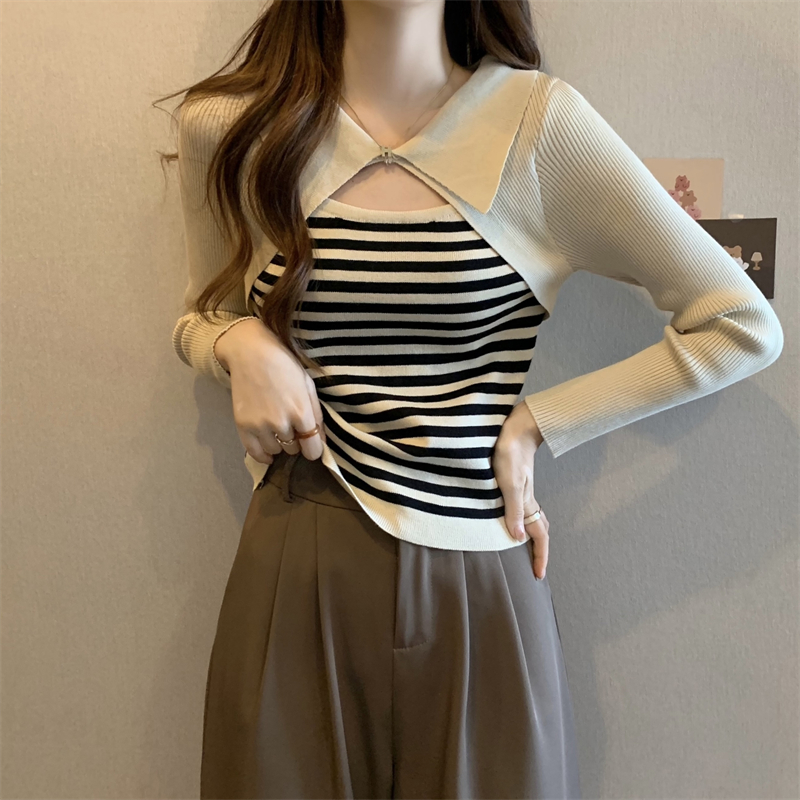 Stripe sling long sleeve smock 2pcs set for women