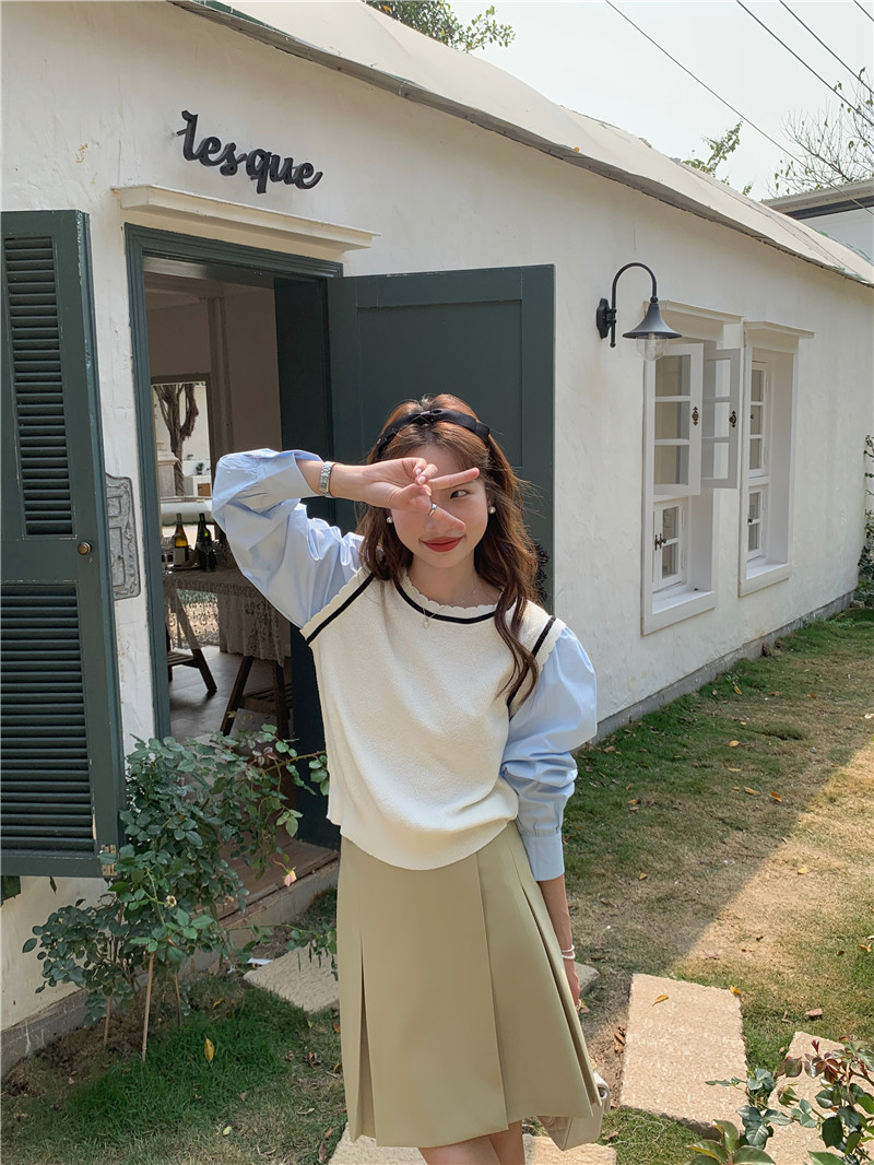Korean style splice shirt long sleeve Pseudo-two sweater