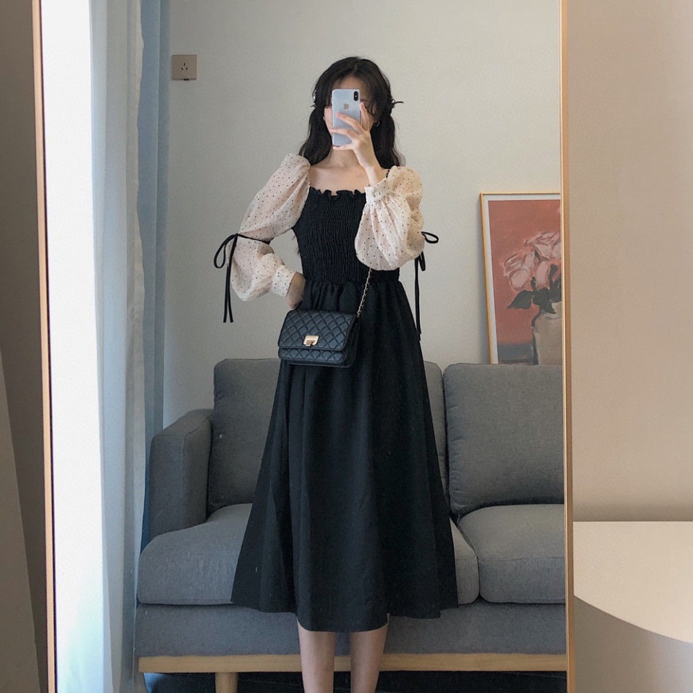 Splice Korean style spring retro slim dress for women