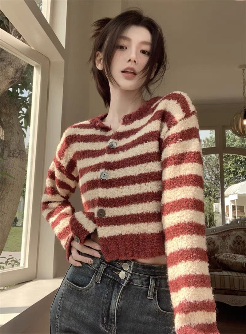 Stripe short cardigan niche sweater for women