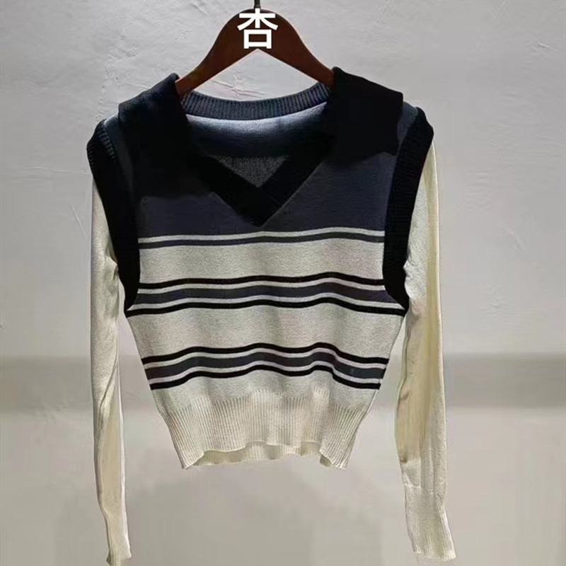 Bottoming Pseudo-two splice stripe autumn sweater
