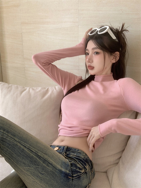 Pink sweater half high collar tops for women