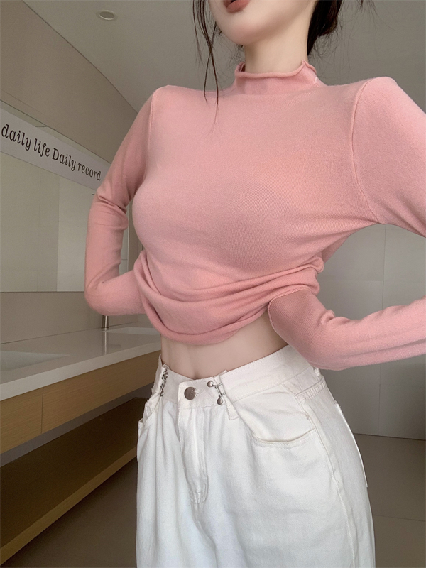 Pink sweater half high collar tops for women