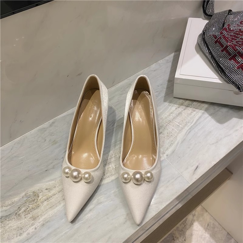 Low France style high-heeled shoes pearl wedding shoes