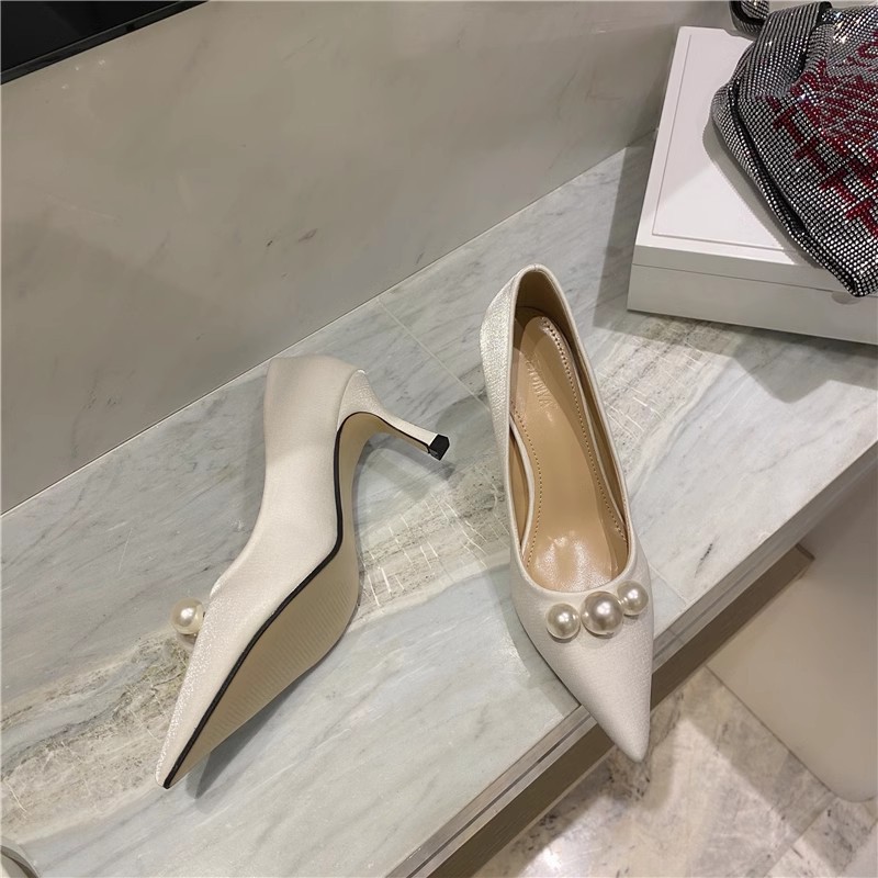 Low France style high-heeled shoes pearl wedding shoes