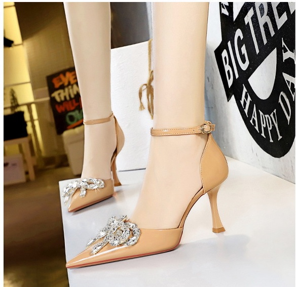 Bow pointed high-heeled rhinestone sandals for women