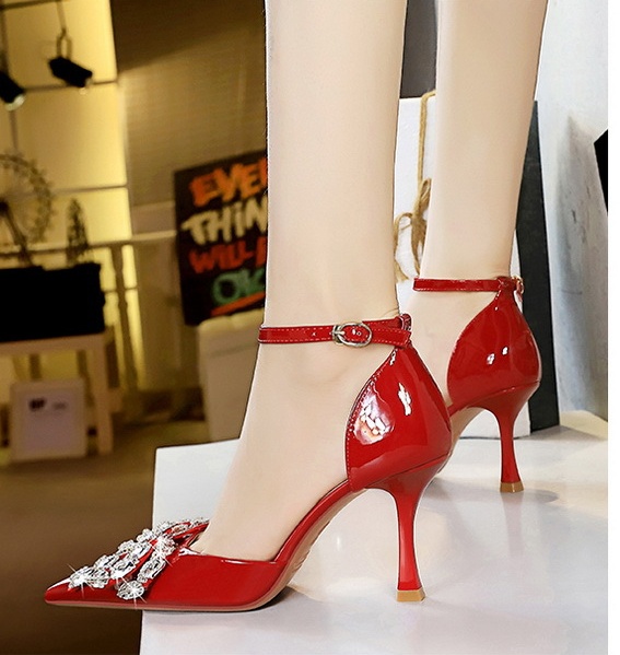 Bow pointed high-heeled rhinestone sandals for women