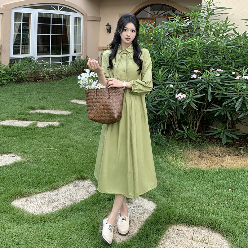 Apple-green large yard doll collar bow dress