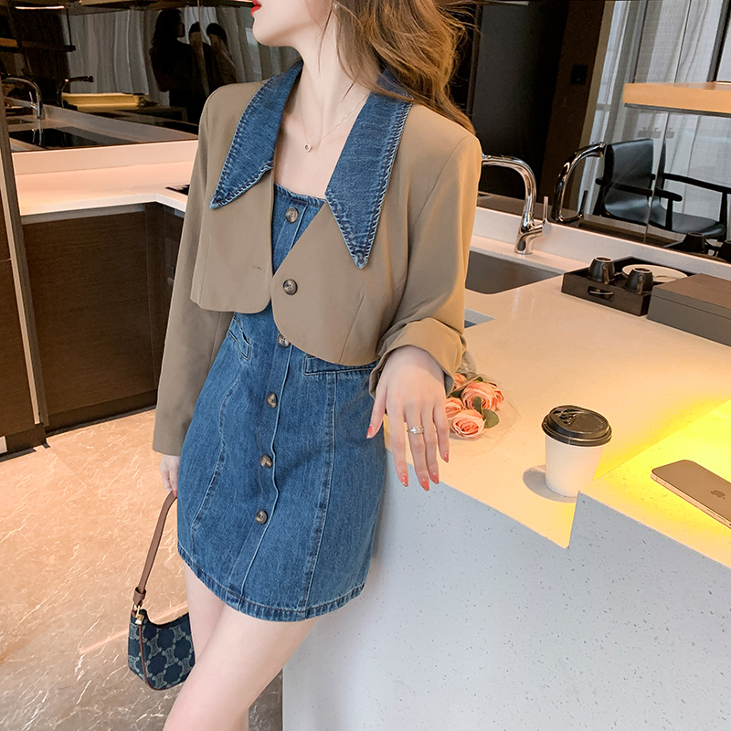 France style business suit denim jacket 2pcs set