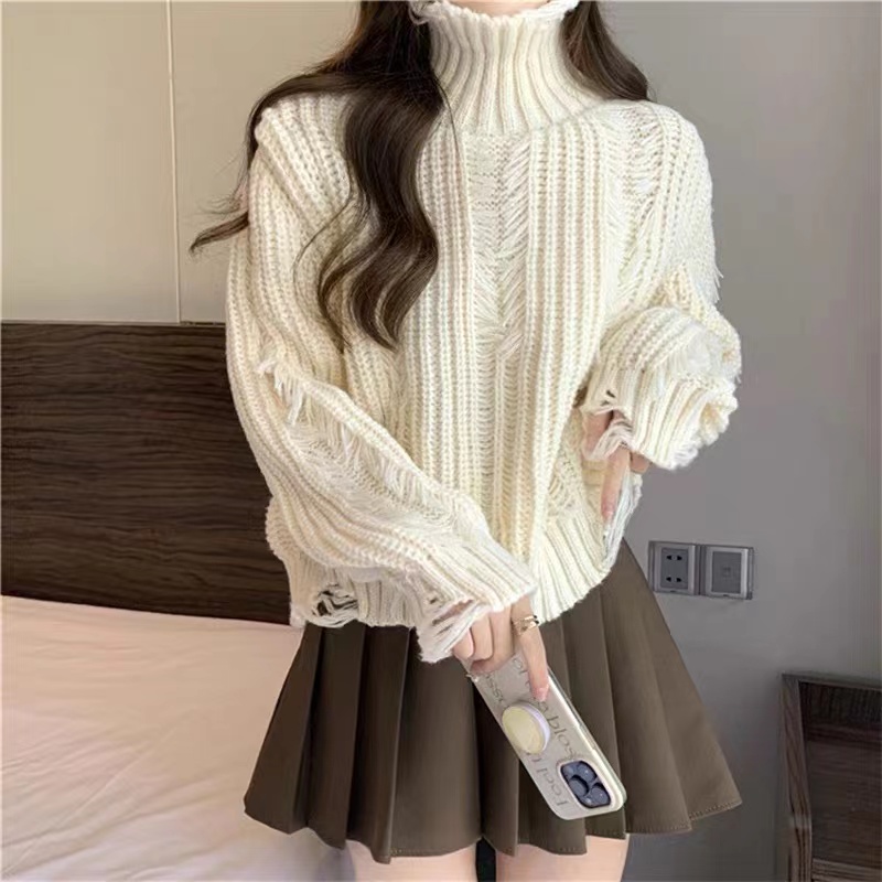 Knitted pleated sweater tassels high collar skirt 2pcs set