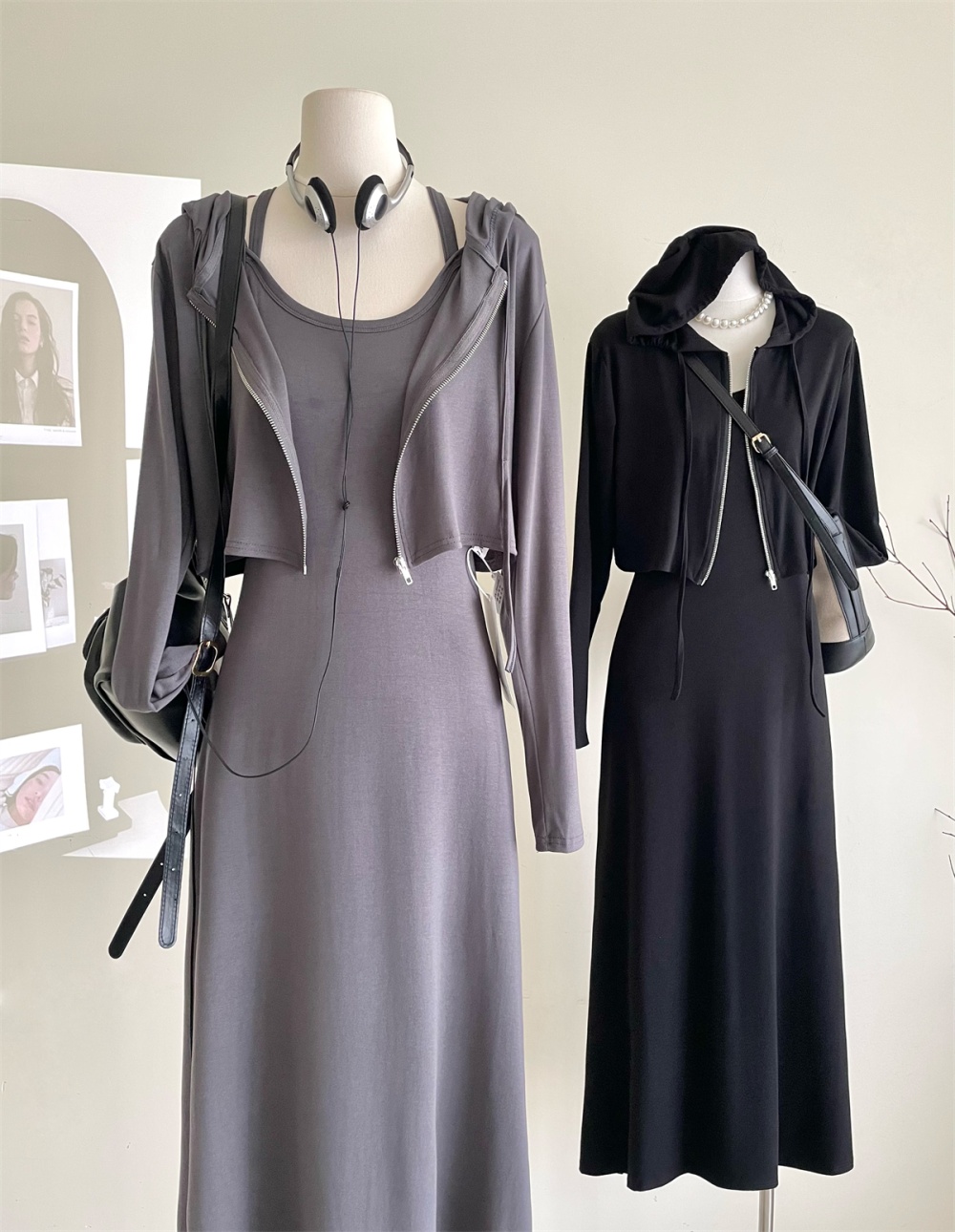 Summer hooded dress long sleeve coat 2pcs set for women