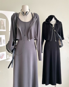 Summer hooded dress long sleeve coat 2pcs set for women