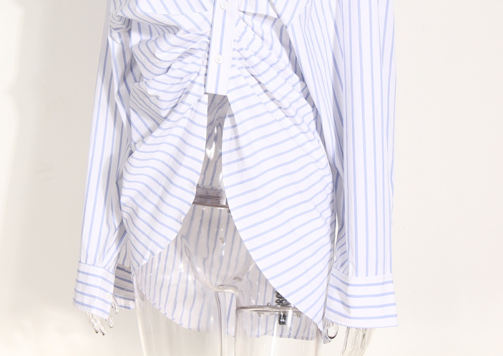 Spring and summer white fold stripe long sleeve shirt