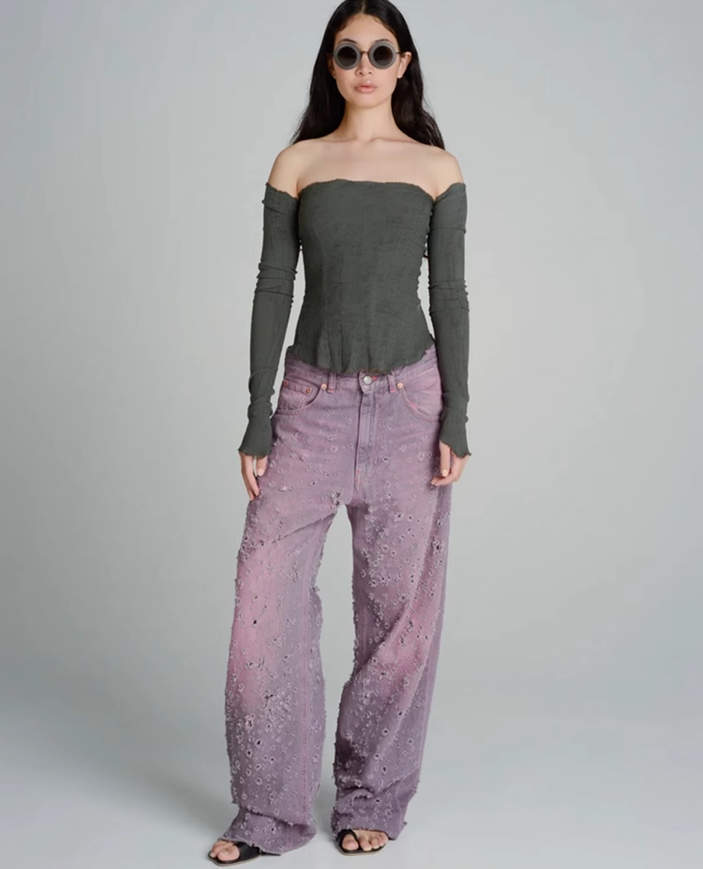 Slim niche straight jeans purple holes high waist pants