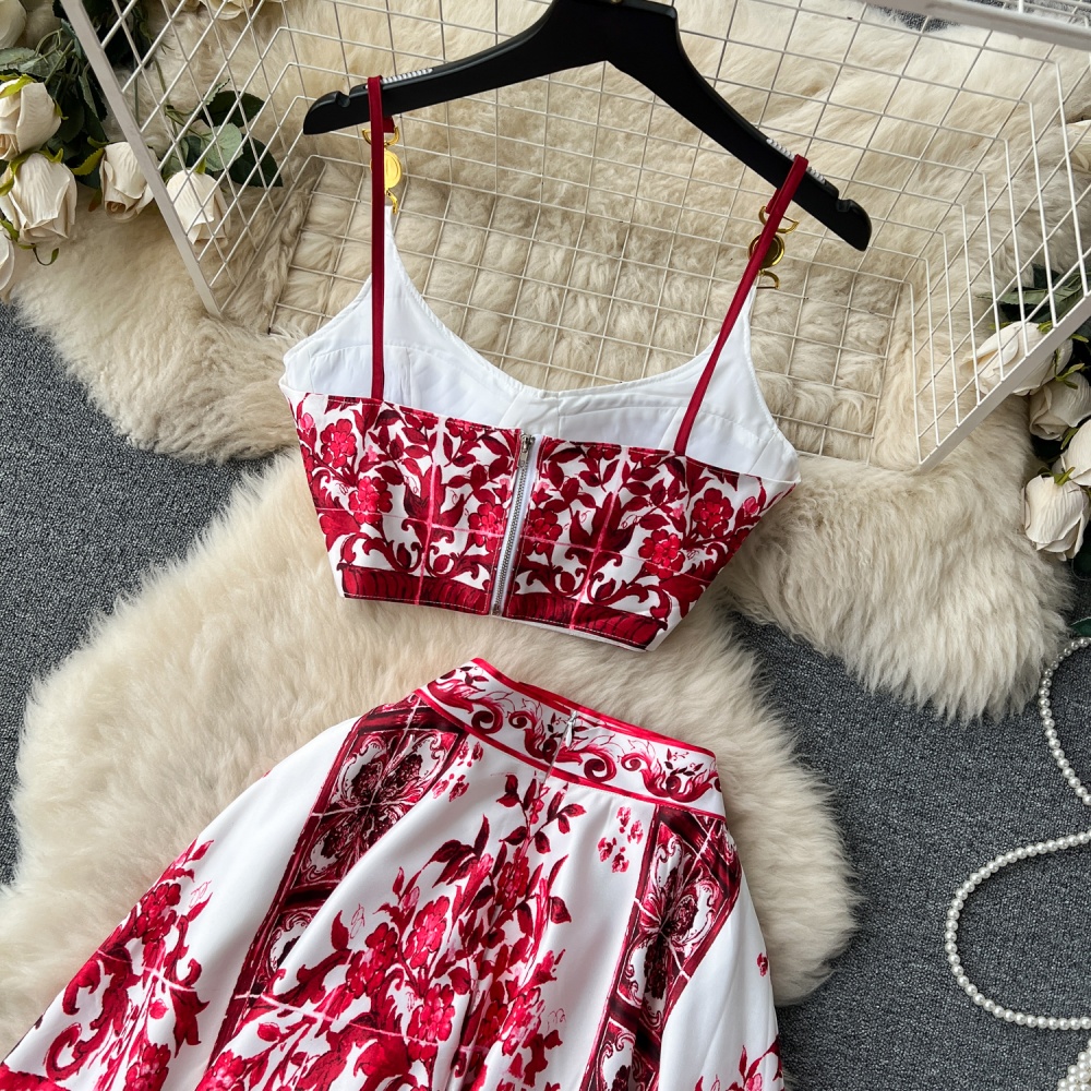 European style sling skirt printing vest 2pcs set for women