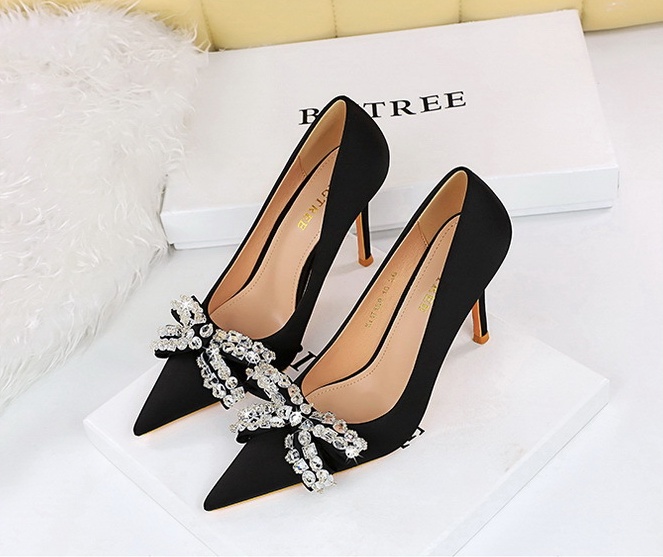Sexy pointed satin stilettos banquet bow high-heeled shoes