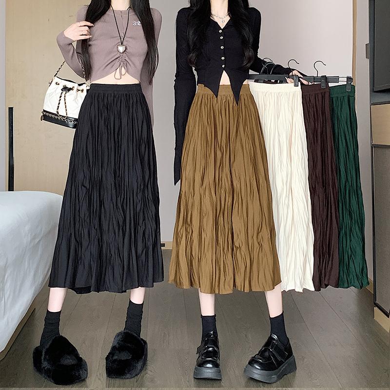Big skirt autumn fold long high waist pleated skirt for women