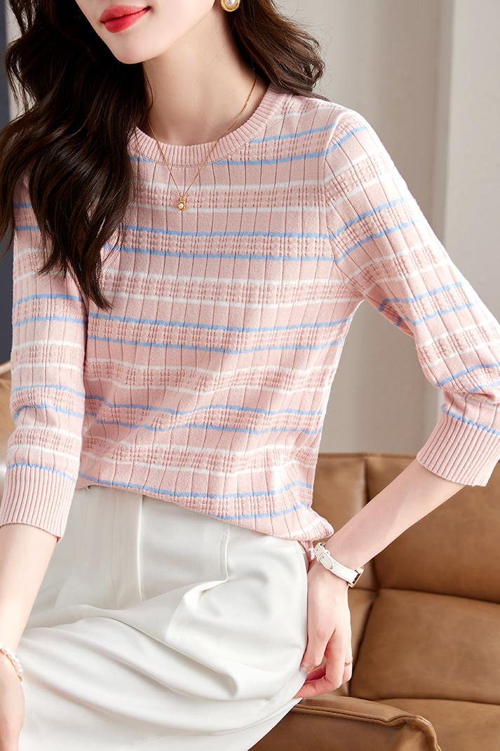 Knitted short sleeve tops autumn stripe bottoming shirt