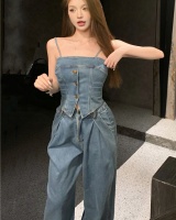 Korean style loose long pants denim jeans 2pcs set