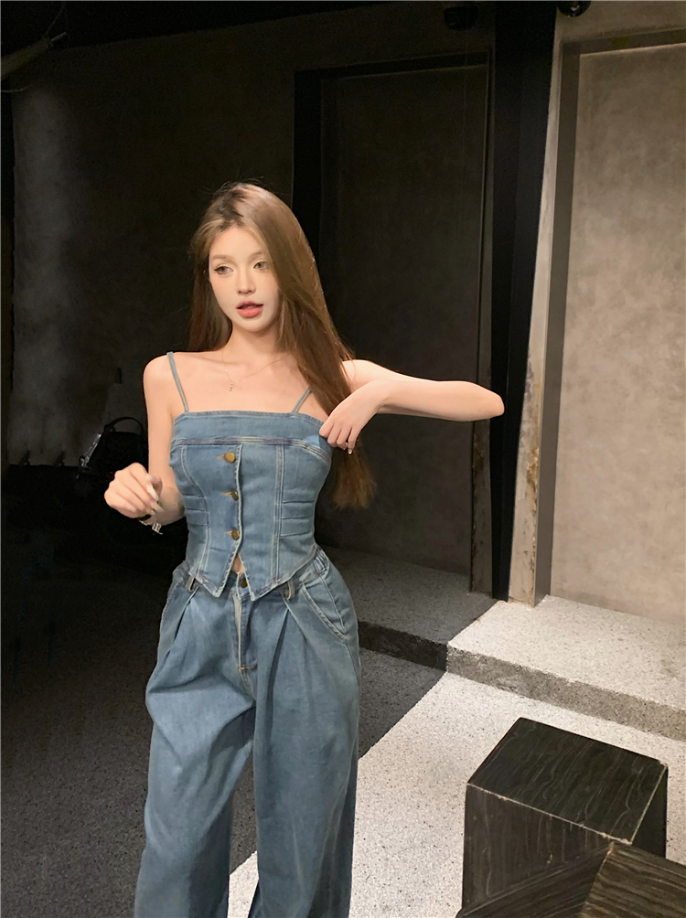 Korean style loose long pants denim jeans 2pcs set