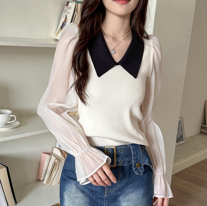 Knitted temperament trumpet sleeves splice tops