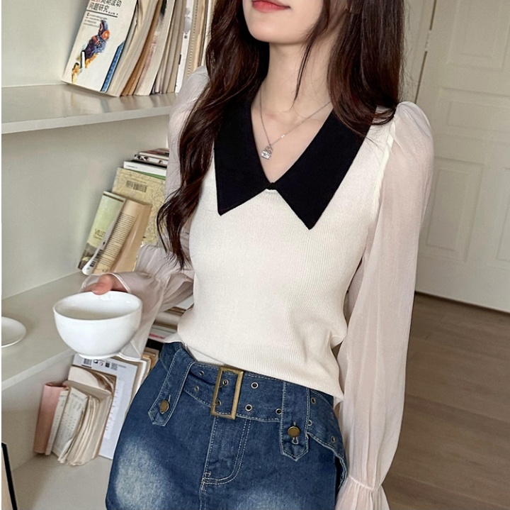Knitted temperament trumpet sleeves splice tops